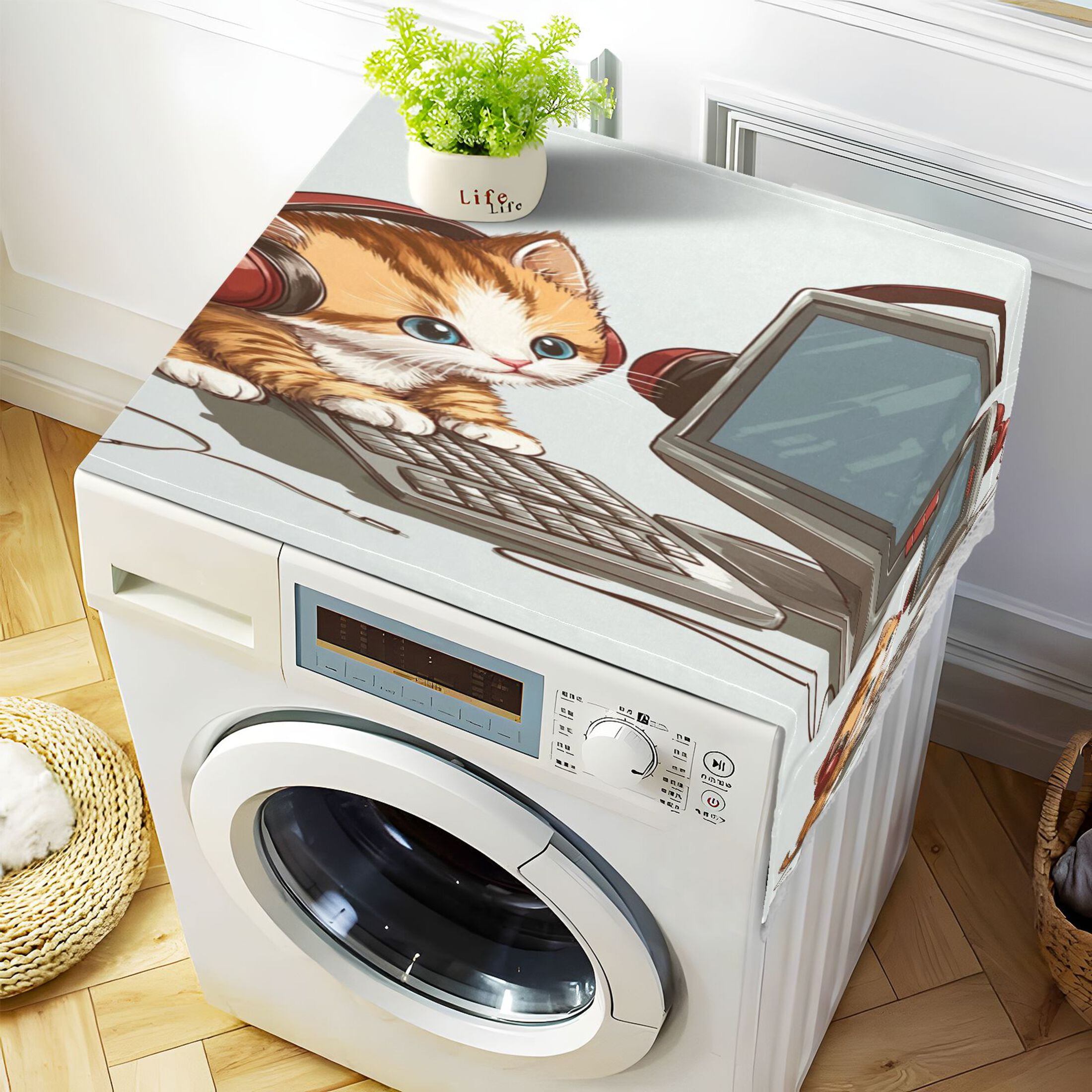 Kittens Play ComputerWasher and Dryer Covers Dust-Proof and Oil Resistant Fridge Cover with 4 Storage Pockets Washing Machine Top Cover for Laundry Kitchen Home 51.2 x 22 In