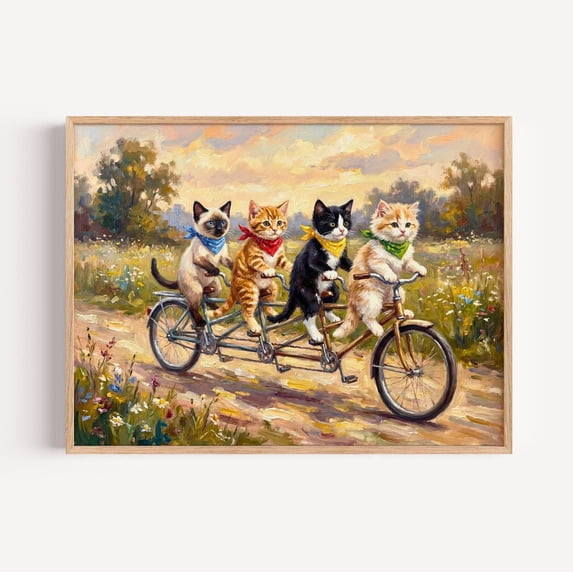 Animal Rising Bike Kittens Riding Bicycle Art Whimsical Tandem Bike Nursery Poster ...