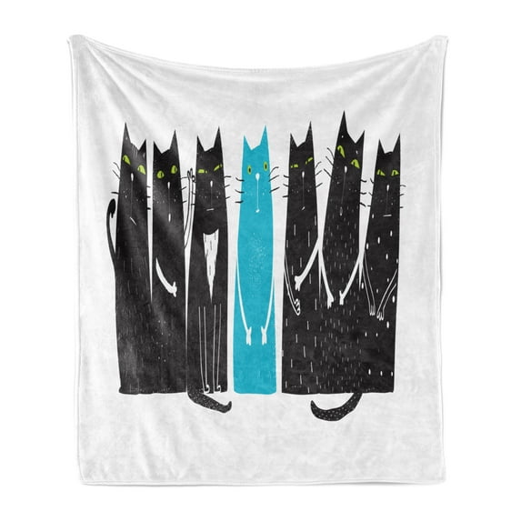 Kittens Soft Flannel Fleece Throw Blanket, Funny Cats with Standing Doodle Design Blue and Dark Tones Print, Cozy Plush for Indoor and Outdoor Use, 50" x 60", Charcoal Grey and Sea Blue, by Ambesonne