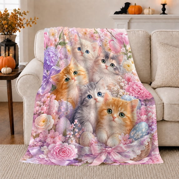 Kittens Spring Flowers, Playful Pet Portrait Pattern, Warm Flannel Blanket for Living Room and Reading Nook with Detailed Artwork, Cat Lovers Easter Gift, Pet Lover Home Decor