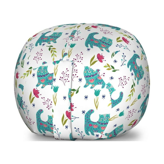 Kittens Storage Toy Bag Chair, Folkloric Ornamental Happy Cat Pattern with Flowers and Leafy Branches, Stuffed Animal Organizer Washable Bag, Small Size, Multicolor, by Ambesonne