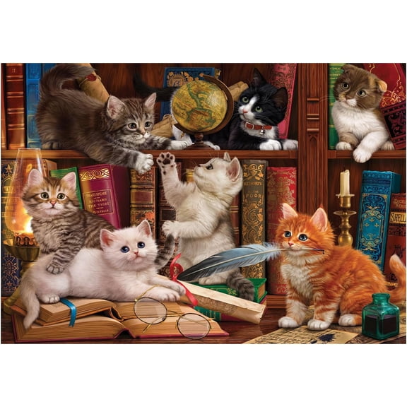 Kittens in The Library 1000 Piece Jigsaw Puzzle for Adults, Bookstore Scene, Cozy Reading Theme, Challenging Puzzle, Gift for Book & Cat Lovers