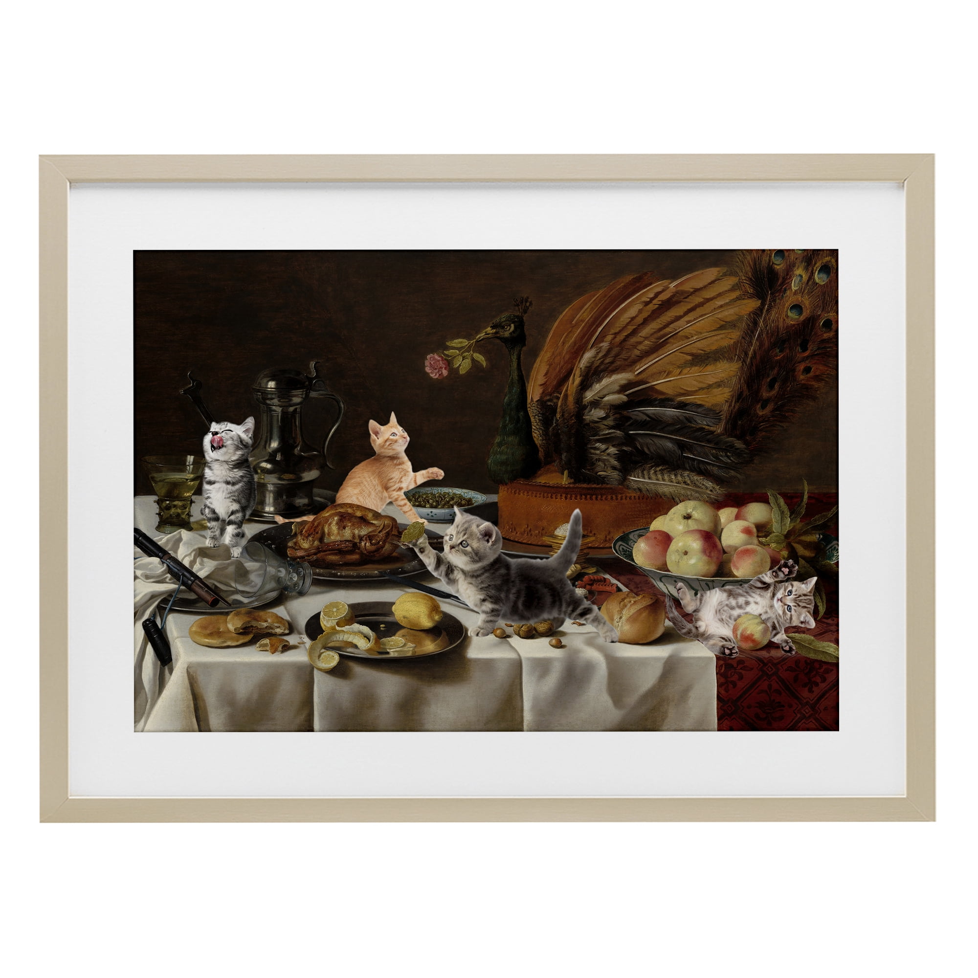 Kittens on Still Life Feast Birch Framed Print Under Glass, design by Masters Redux