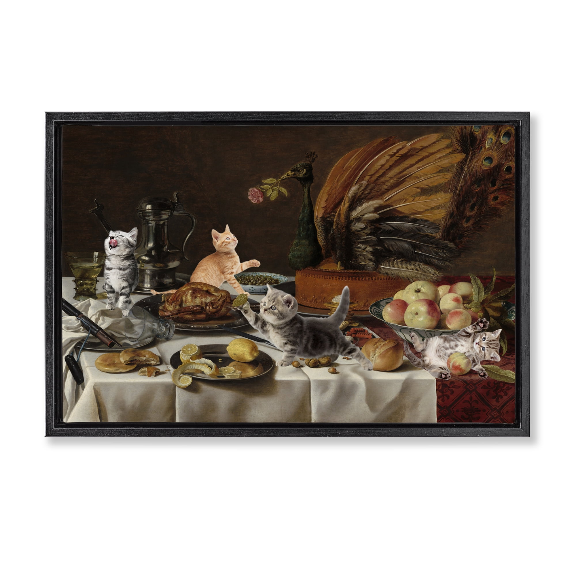 Kittens on Still Life Feast Black Framed Floater Canvas Wall Art, design by Masters Redux