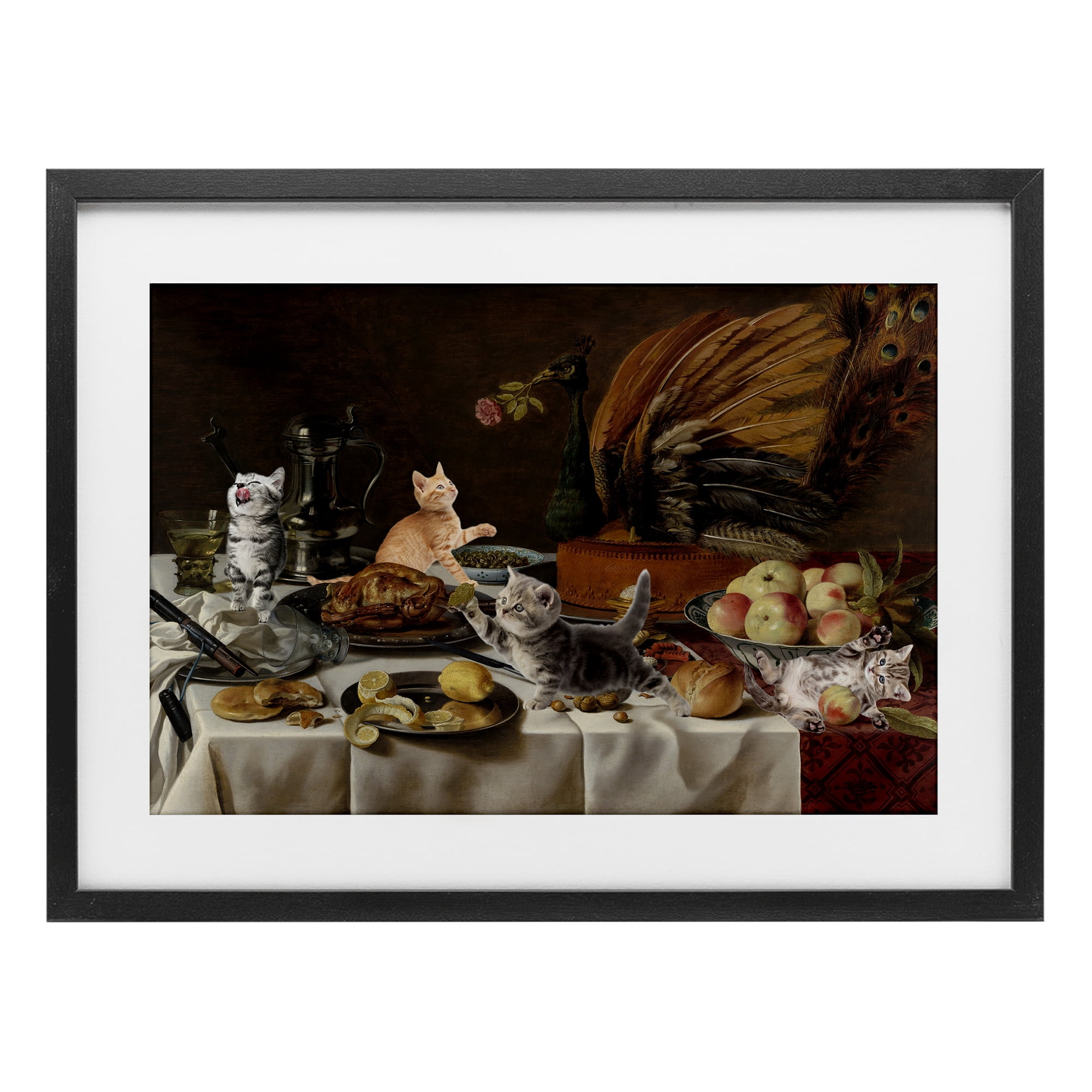 Kittens on Still Life Feast Black Framed Print Under Glass, design by Masters Redux
