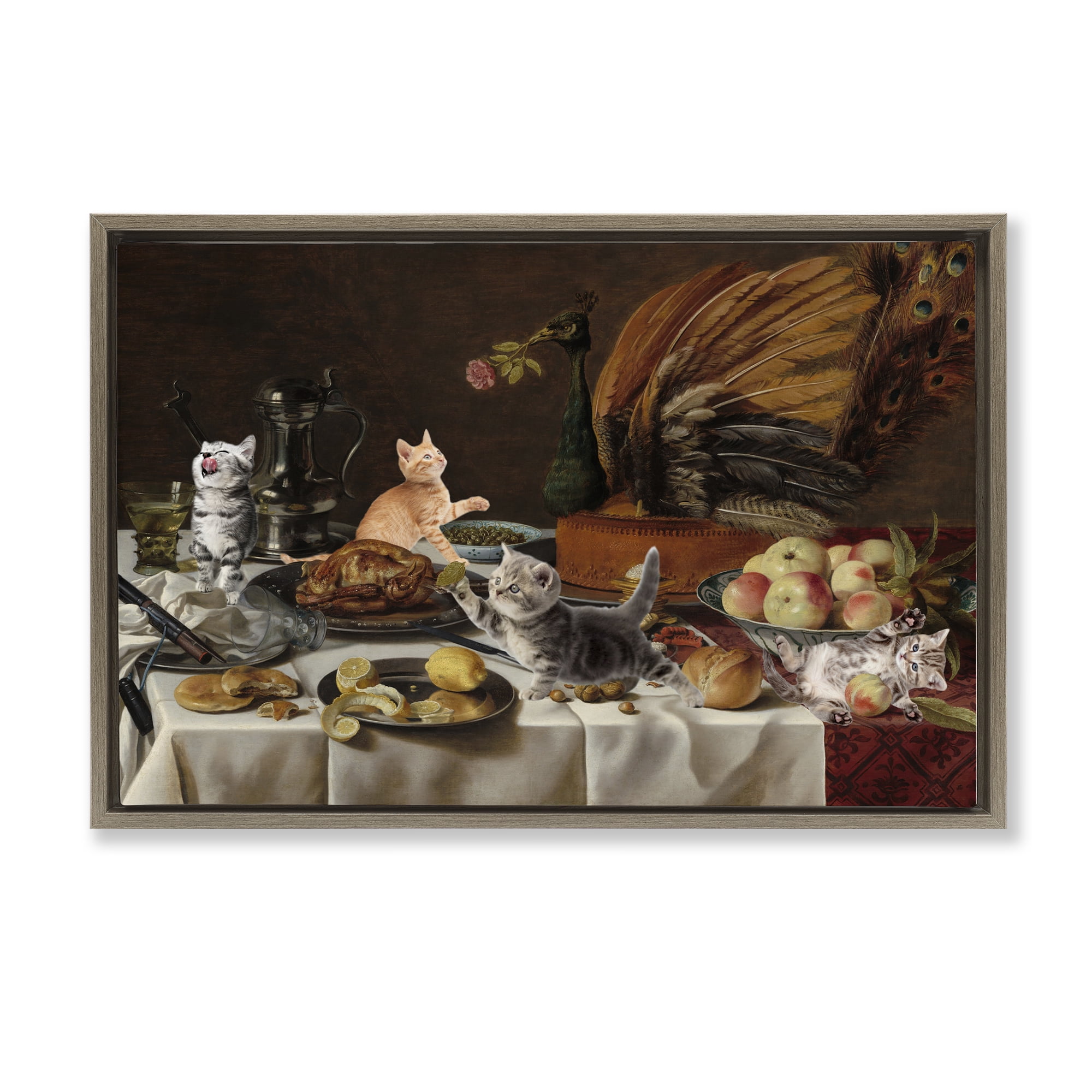 Kittens on Still Life Feast Brown Framed Floater Canvas Wall Art, design by Masters Redux