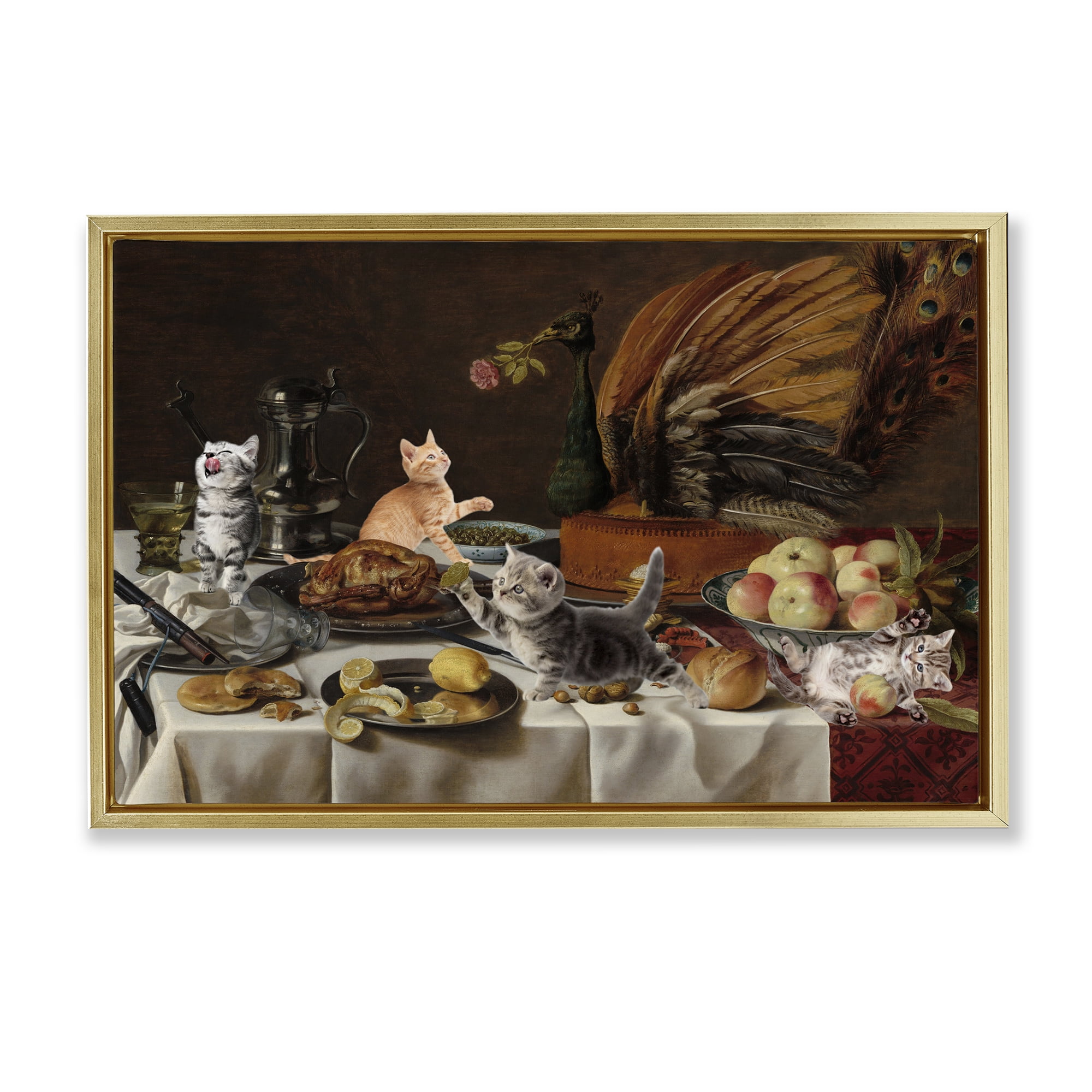 Kittens on Still Life Feast Gold Framed Floater Canvas Wall Art, design by Masters Redux