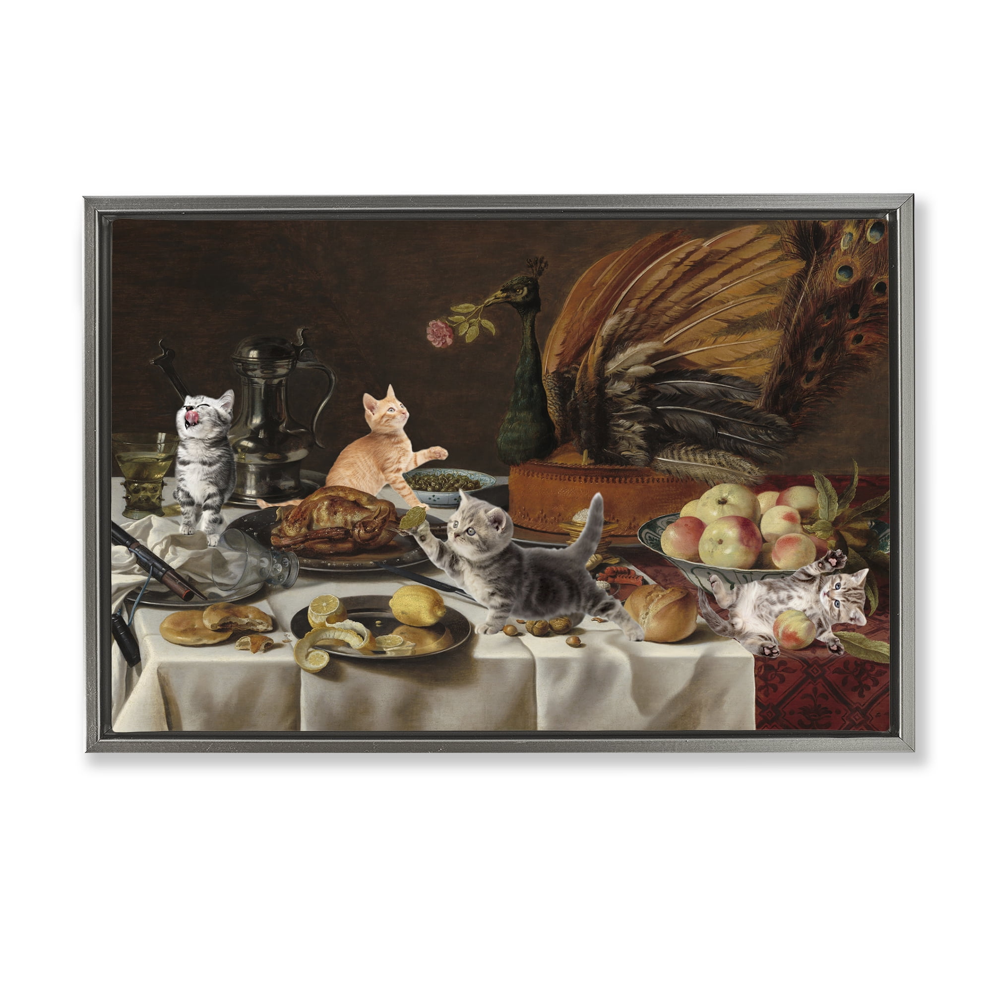 Kittens on Still Life Feast Gray Framed Floater Canvas Wall Art, design by Masters Redux