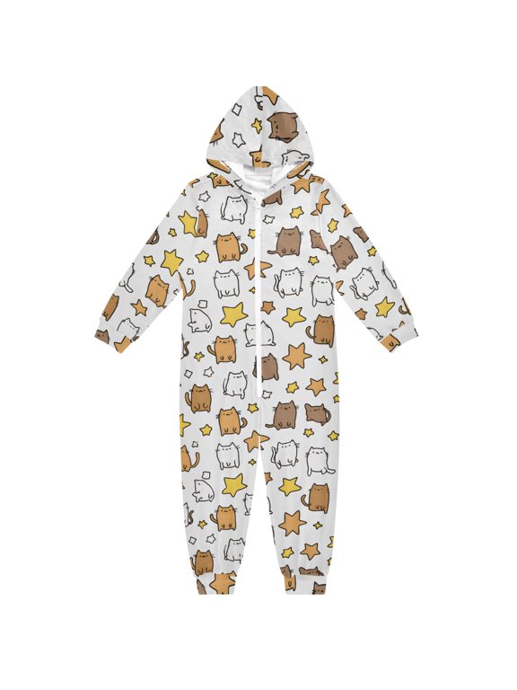 Kitties Hold Stars Line One Piece Pajamas Soft Jumpsuit Cozy Sleep and Play Romper Zipper and Pockets 5T-6T