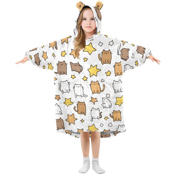 Kitties Hold Stars Line Wearable Blankets Hoodie Oversize Sherpa Wearable Soft Blanket Warm Cozy 3-14 Age