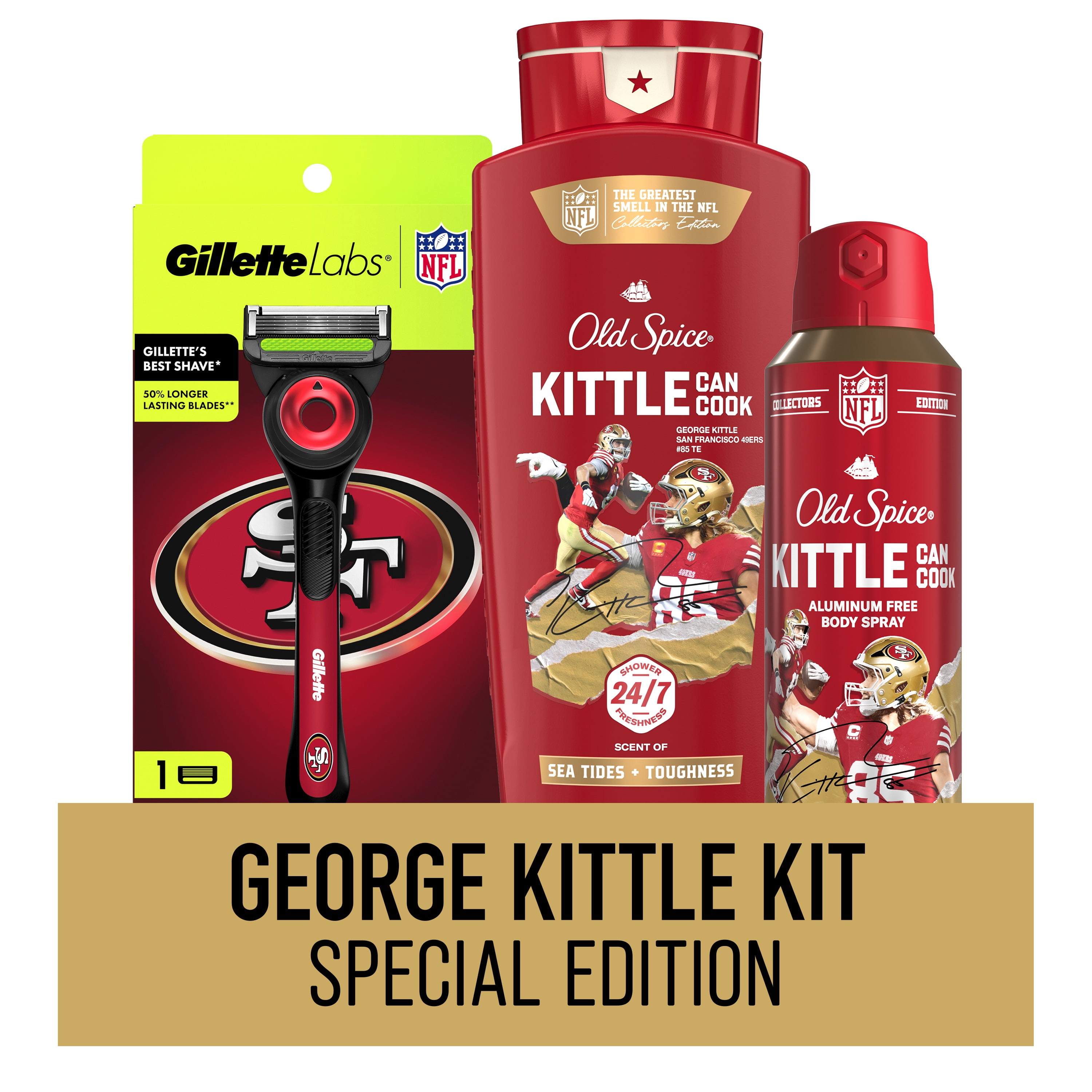 Exclusive George Kittle Old Spice x Gillette NFL Value Bundle, includes Licensed San Francisco 49ers Razor plus 'Kittle Can Cook' Body Wash & Body Spray
