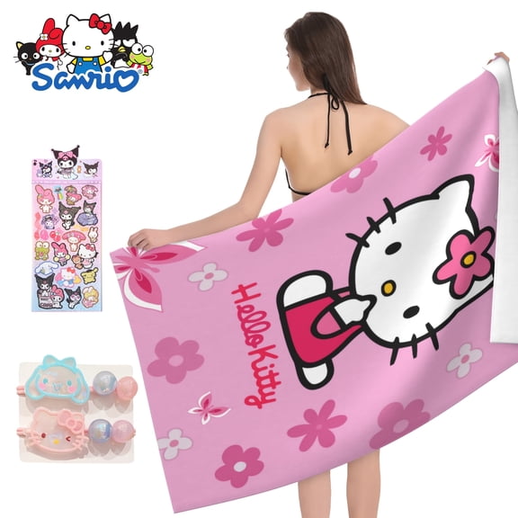Kitty Beach Towel Set Quick-Dry Towel Combination Cartoon Anime Beach Towel Cute Quick-Dry Towel (One Towel, One Sticker)