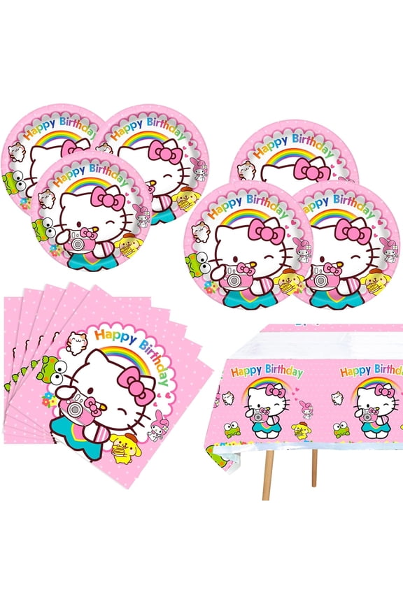 Kitty Birthday Party Supplies, 20 Plates, 20 Napkins and 1 Tablecover for Girls Kitty Party Decorations
