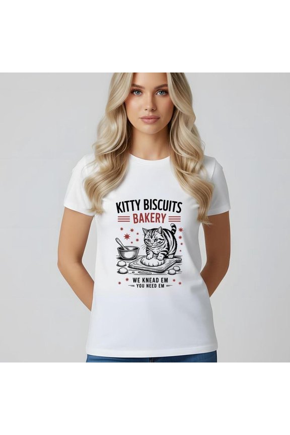 Kitty Biscuits Bakery T-Shirt, Funny Cat Kneading Dough Graphic Tee