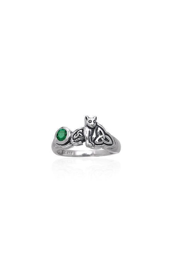 Kitty Cat 925 Sterling Silver Ring Spirit Animal Totem Jewelry Green Glass
