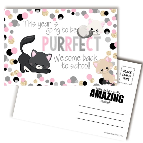 Kitty Cat Back to School Teacher Postcards for Kids, 30 Pack 4x6 Welcome Back Postcards, Mailable with Postcard Stamp, Made in USA, Amanda Creation