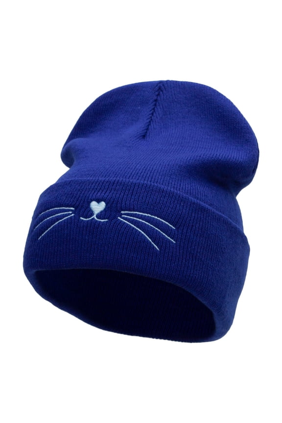 Kitty Cat Embroidered 12 Inch Long Knitted Beanie - Royal OSFM