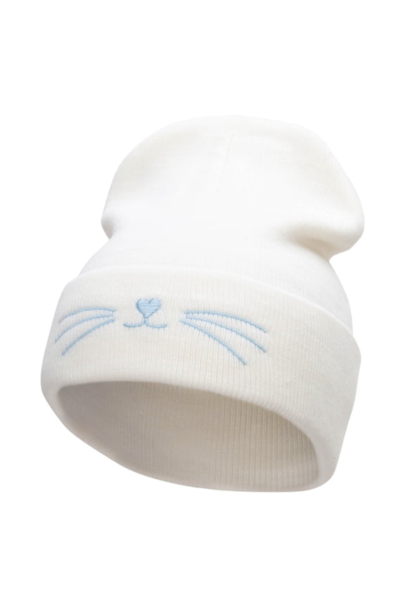 Kitty Cat Embroidered 12 Inch Long Knitted Beanie - White OSFM