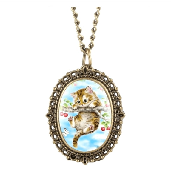 Kitty Cat Hanging on a Cherry Tree Branch Pocket Watch Locket Necklace Watch NW-26-CAT