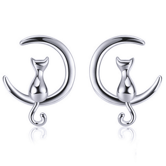 Kitty Cat Moon Stud Earrings for Women Sterling Silver Ginger Lyne Collection
