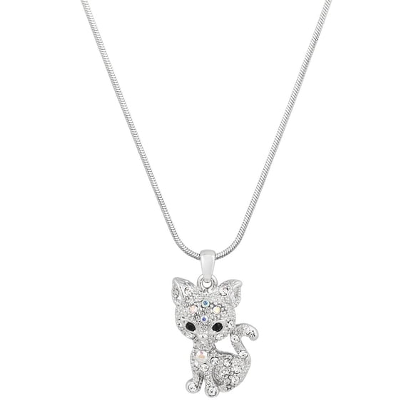Kitty Cat Pendant Necklace Rhinestone Crystal Rhodium Plated 17 Inch Snake Chain J1183-CR