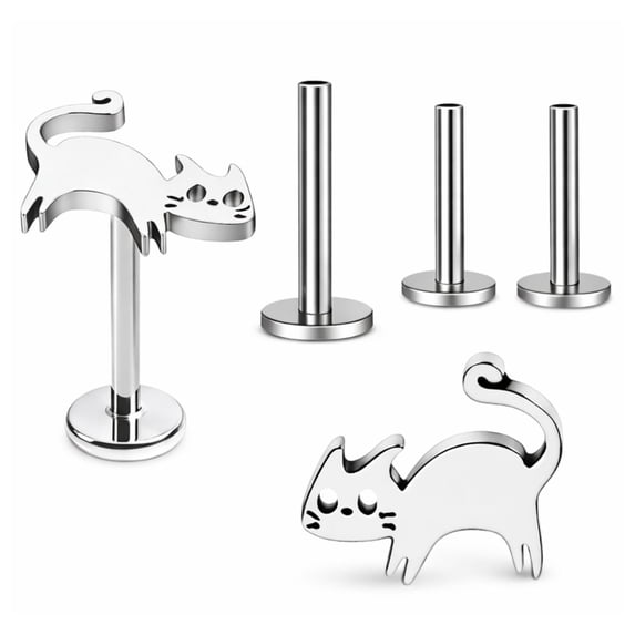 Titanium Cat Flat Back Earrings Kitty Stud Earrings for Women, Body Jewelry, G23 Conch Helix Tragus Labret Lip Piercing 6Pc