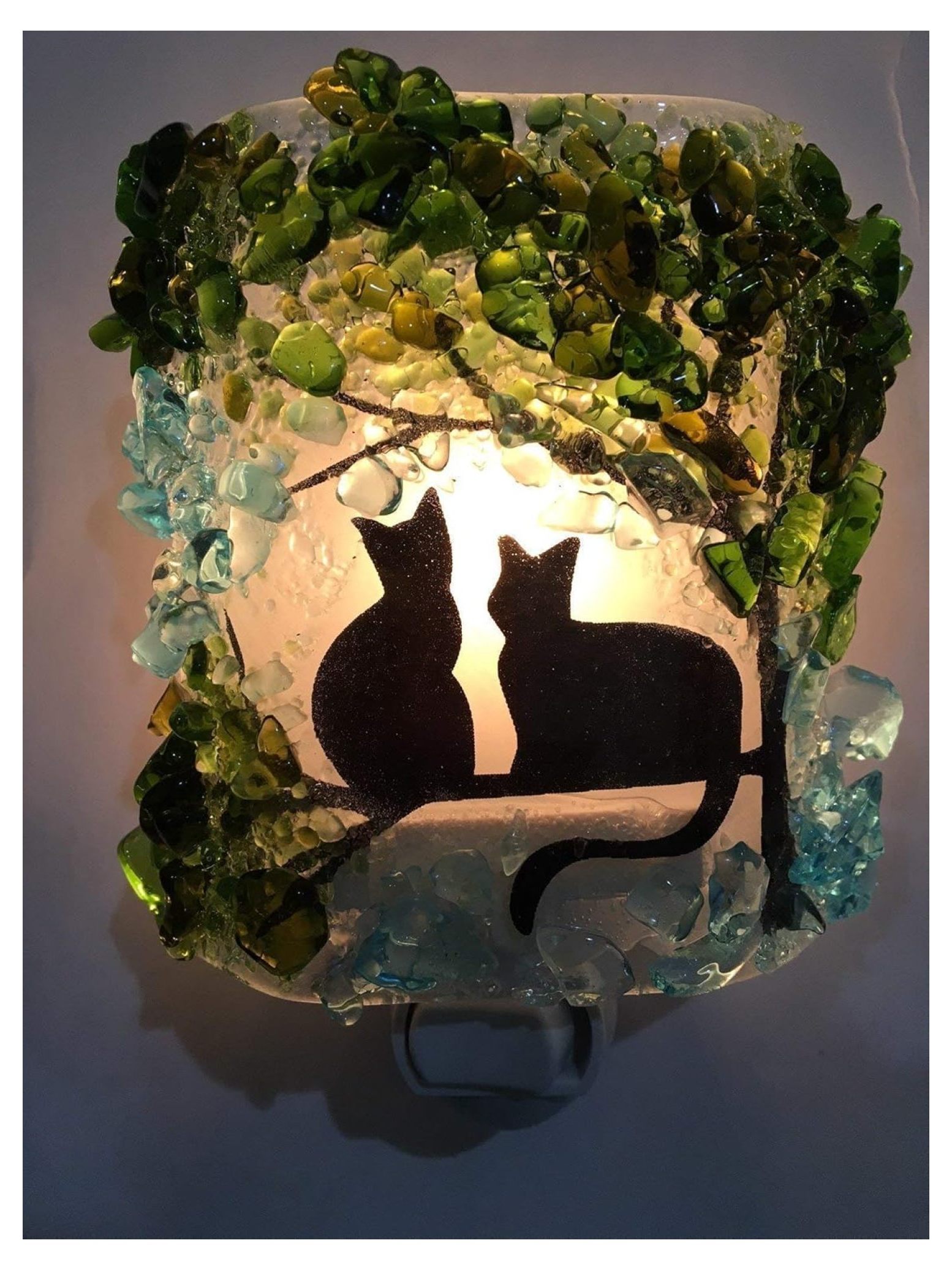 Recycled Glass Artisan Night Light - Black Cat Silhouette Tree Design, Unique Eco-Friendly Gift, 5" Tall 3 thumbnail image