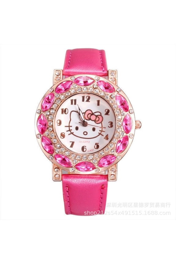 Kitty Cat Watch Fashionable Leather Strap Diamond Inlays Women's Quartz Watch