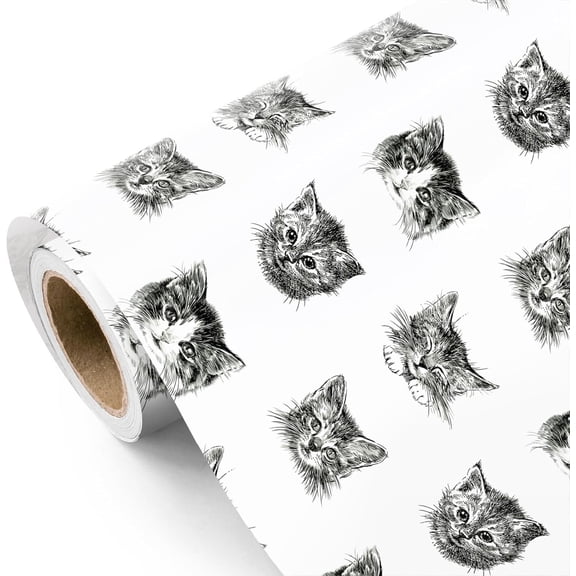 Kitty Cat Wrapping Paper - Mini Roll - 17 Inch x 16.5 Feet - Black and White Cat Wrapping Paper Perfect for Birthdat, Baby Shower, Pet Lover