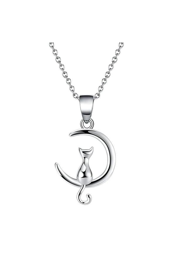 Kitty Cat on Moon Pendant Necklace for Women Sterling Silver Ginger Lyne Collection