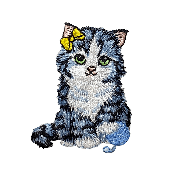 Kitty Cat with Yellow Bow & Blue Yarn Ball, Pets, Kitten, Embroidered, Iron-on Patch