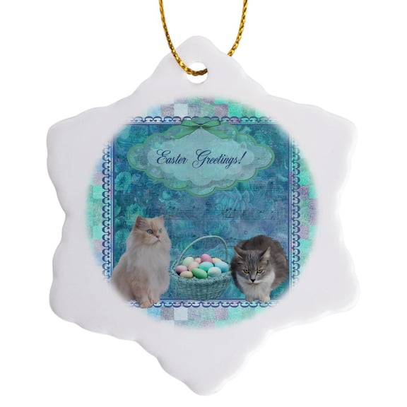3drose, Kitty Cats with Easter Basket of Eggs on Musical Sheet Background, Aqua, 3 inch Snowflake Porcelain Ornament
