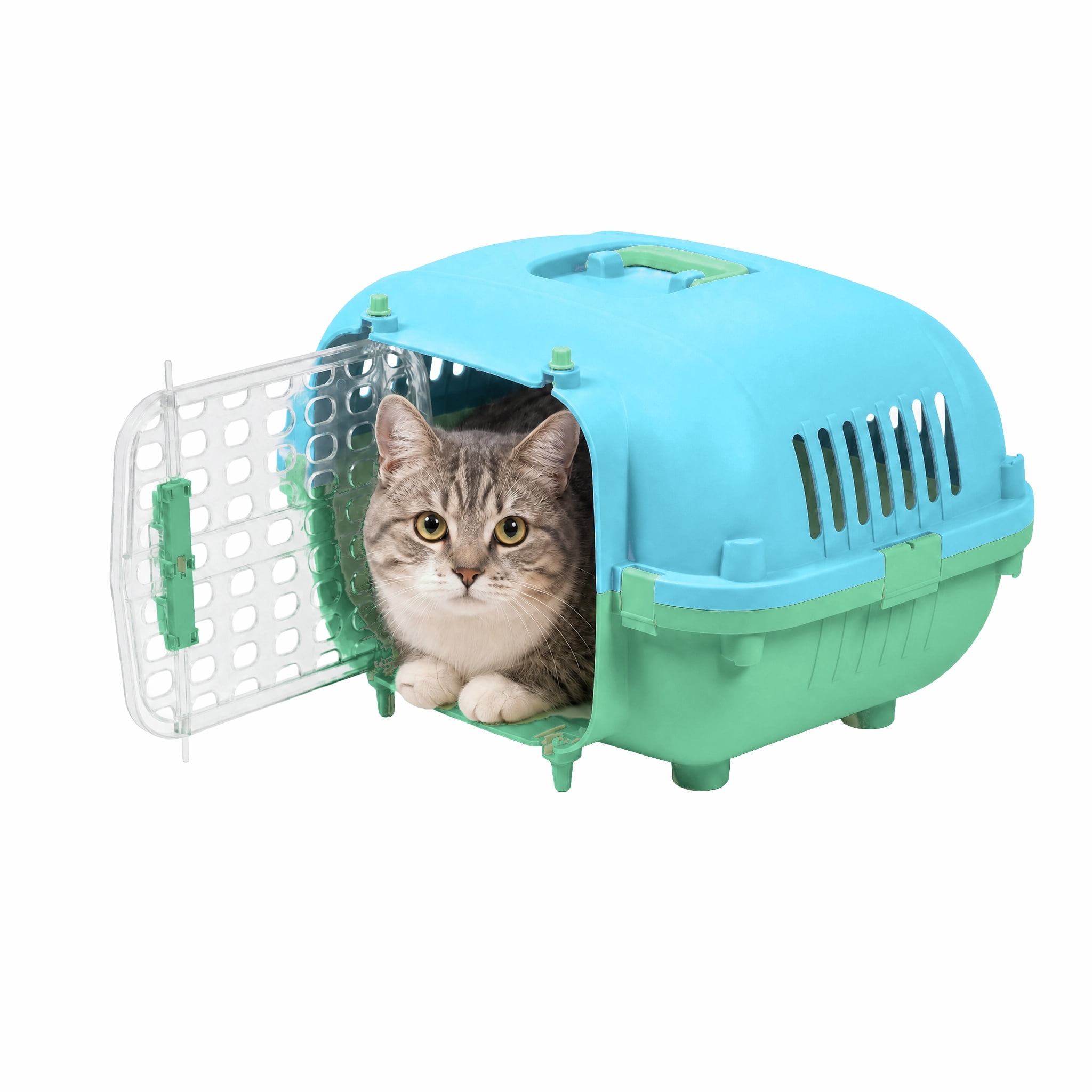 Kitty City 21" Oblong Durable Hard Sided Plastic Pet Kennel with Top Handle, Green, 20 lb Limit