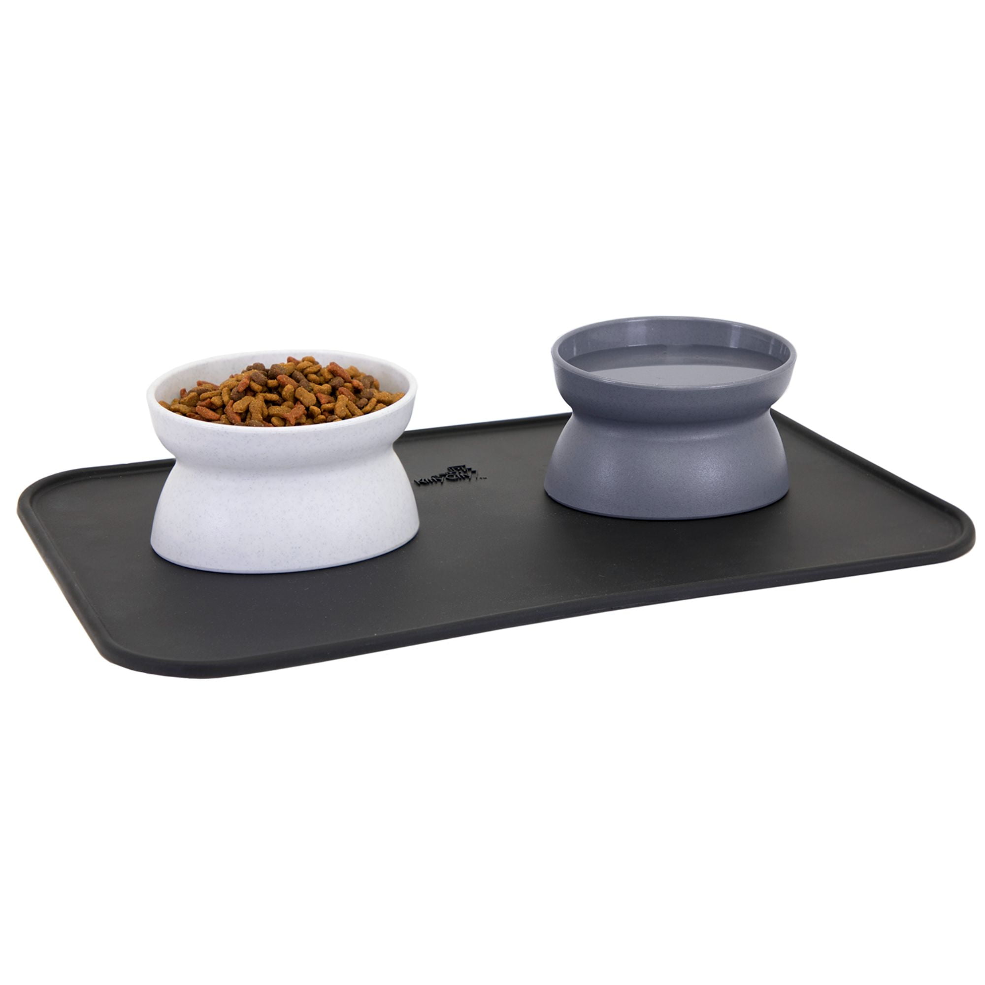 Elevated Gray and White Cat Bowls with Black Mat