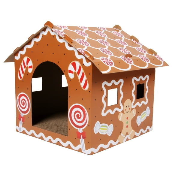 Kitty City Christmas Gingerbread Cardboard Cat House with Corrugate Scratching Pad, Brown, One Size