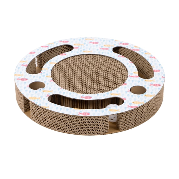 Kitty City Corrugated Cardboard Fish Print Cat Scratching Pad with Ball Tracker, Multicolored, One Size