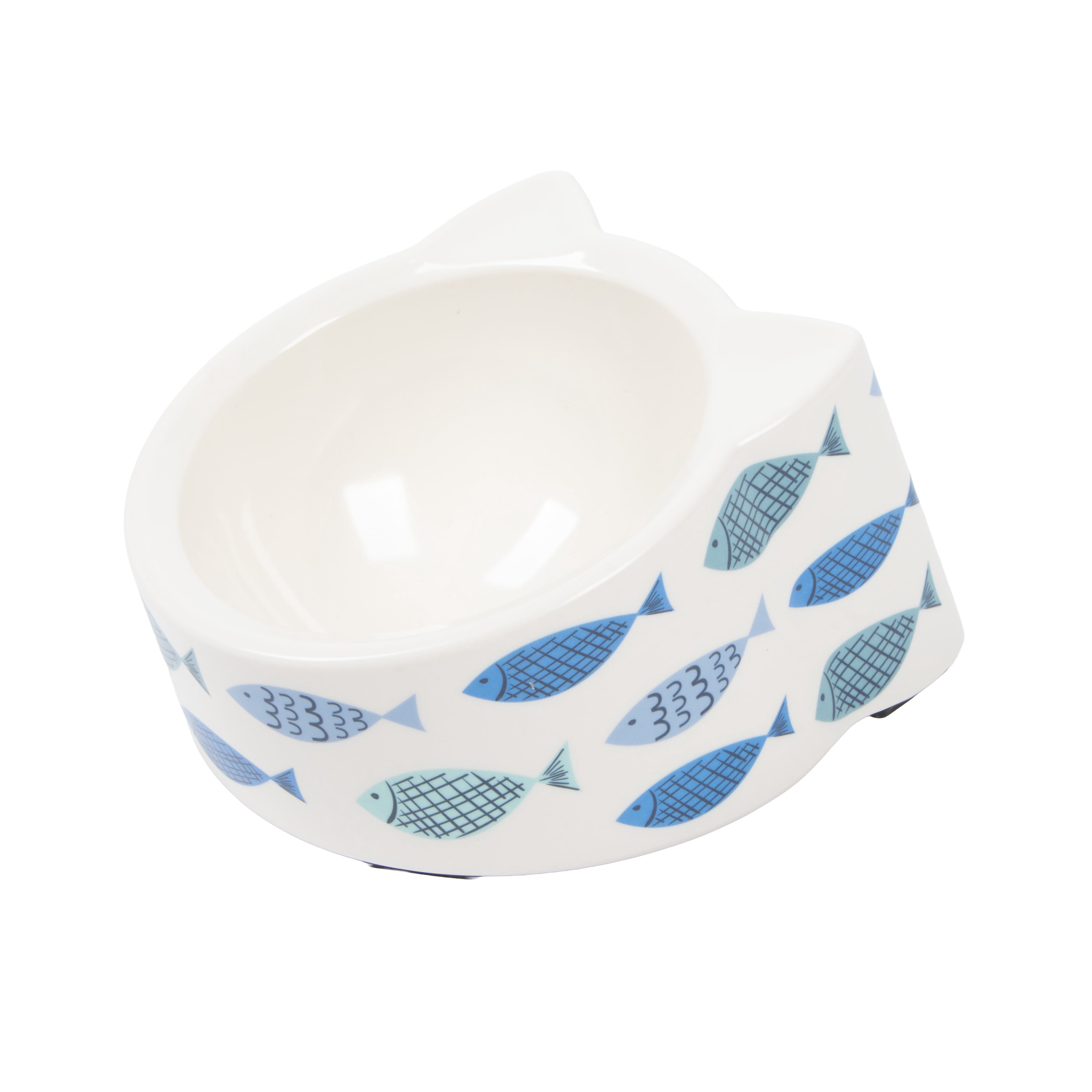 Kitty City Fish Print Dishwasher Safe Plastic Raised Cat Ears Bowl, Blue, One Size