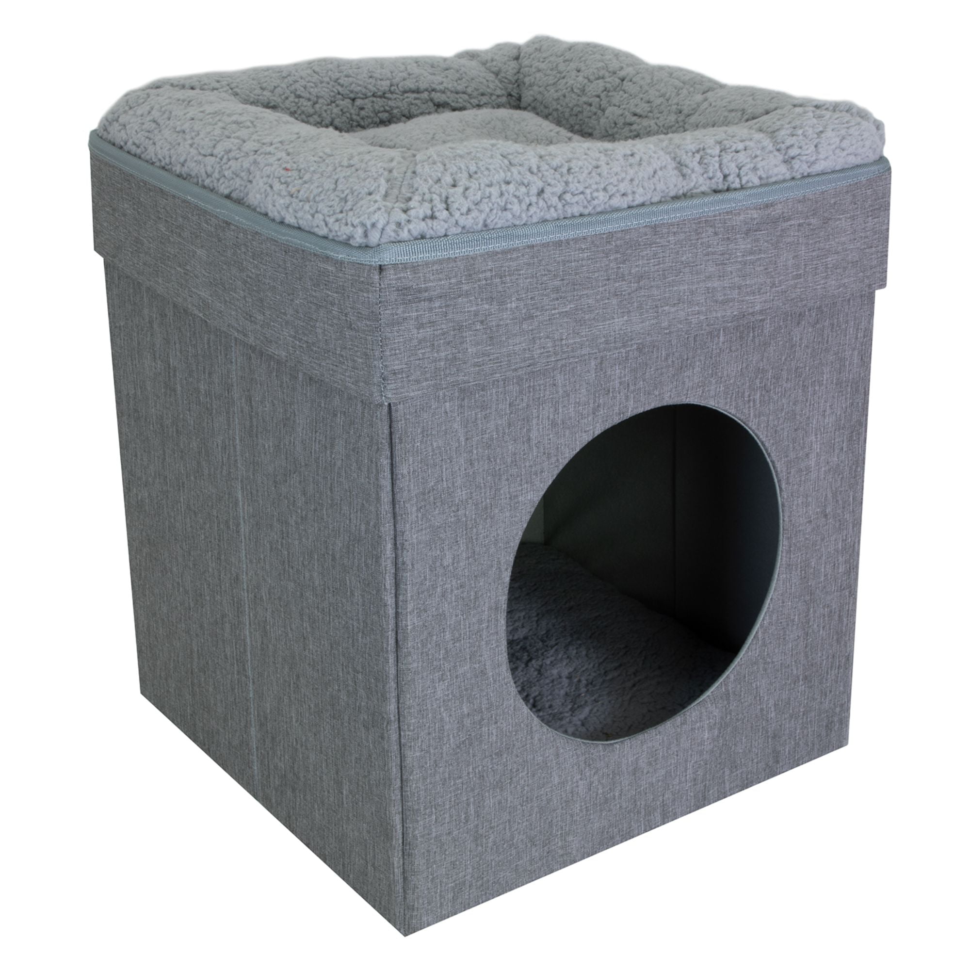 Gray Polyester Foldable Cat Bed Cube with Cushion