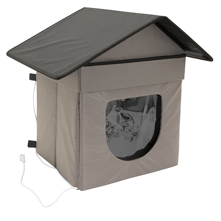 Gray Heated Outdoor Cat House with Clear Flaps