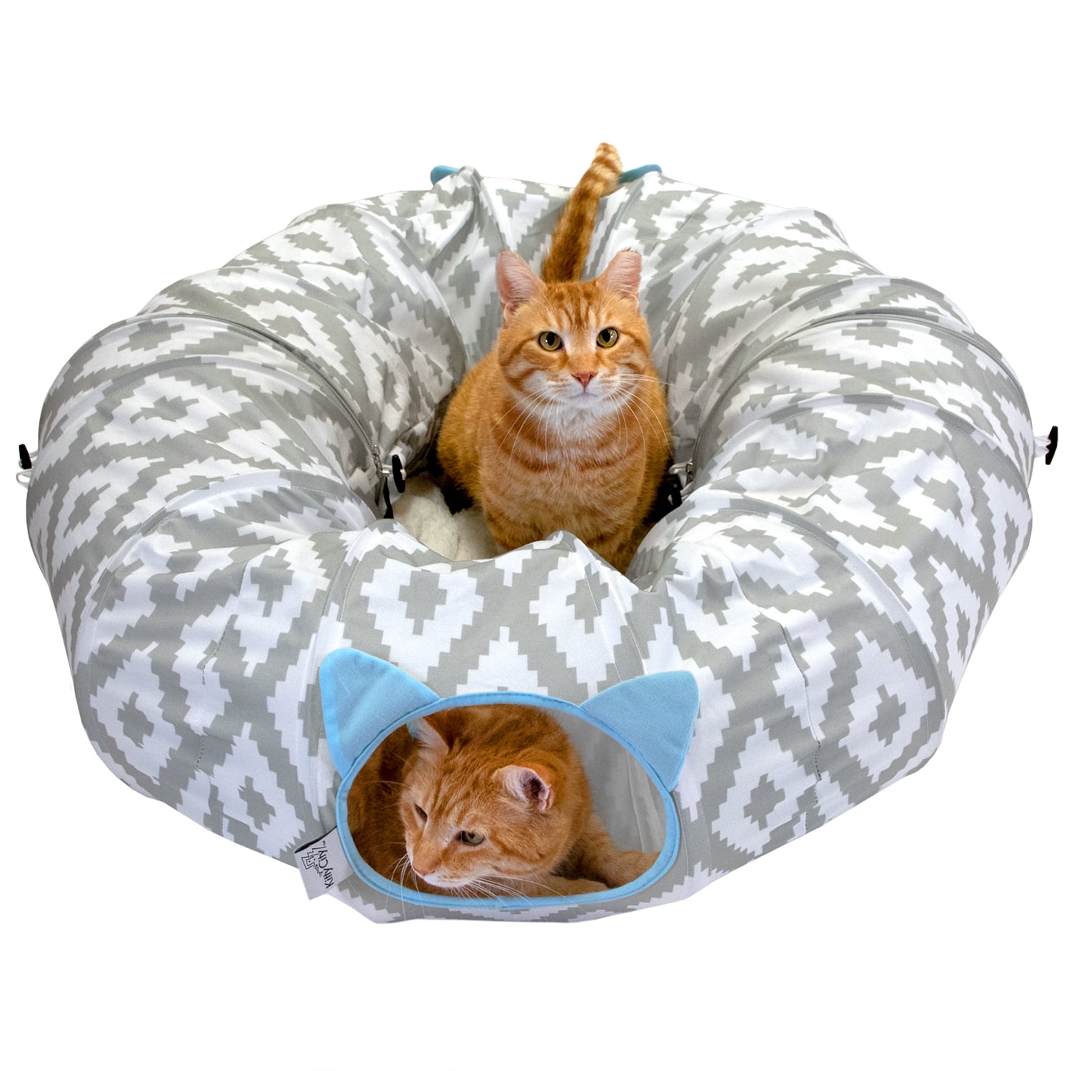 Large Gray and White Polyester Round Cat Tunnel Bed