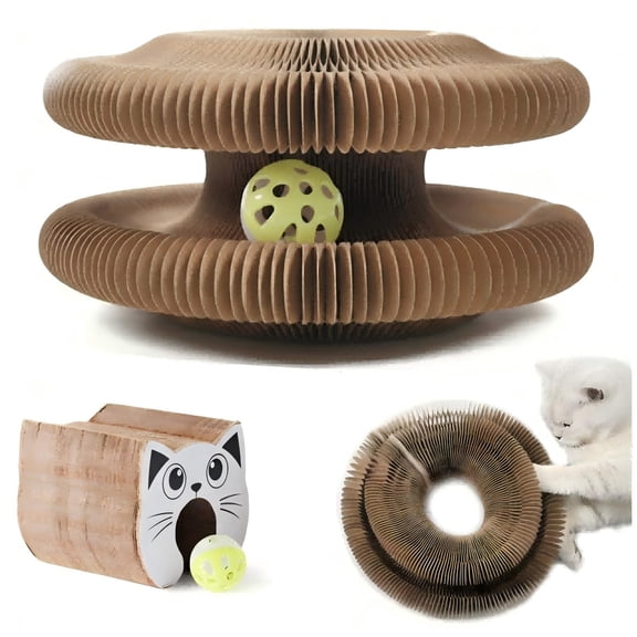 Kitty Curlz Cat Scratching Board – Accordion Magic Organ Cat Scratcher with Bell & Ball, Foldable Interactive Cardboard Scratching Pad for Indoor Cats & Kittens