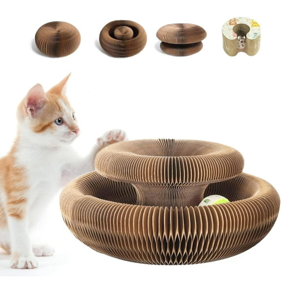 Kitty Curlz Cat Scratching Board, Magic Organ Cat Toy, Nteractive Scratch Pad, Indoor Foldable Recyclable Accordion Cardboard Kitten Toy with Ball, Scratch-Resistant and Abrasion-Resistant, Foldable