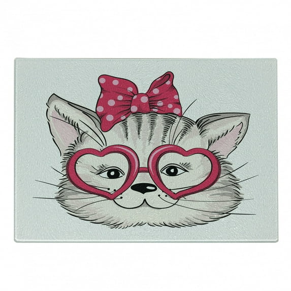 Kitty Cutting Board, Hipster Cat Wearing Heart Shaped Pink Glasses and Dotted Hair Bow, Decorative Tempered Glass Cutting and Serving Board, Small Size, Magenta Beige Black, by Ambesonne