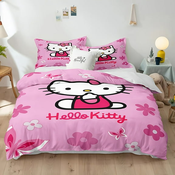 Kitty Duvet Cover Set: Includes 1 Duvet Cover + 2 Pillowcases (No Filling Included), Hello Kitty Cute 3D Printed Cartoon Pattern Bedding, Perfect Choice for Home and Dormitory