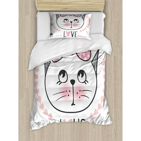 Kitty Duvet Cover Set, Layout of Love Typography with a Charming Kitten and Hearts, Decorative 2 Piece Bedding Set with 1 Pillow Shams, Twin Size, Pale Pink Dark Blue Grey, by Ambesonne