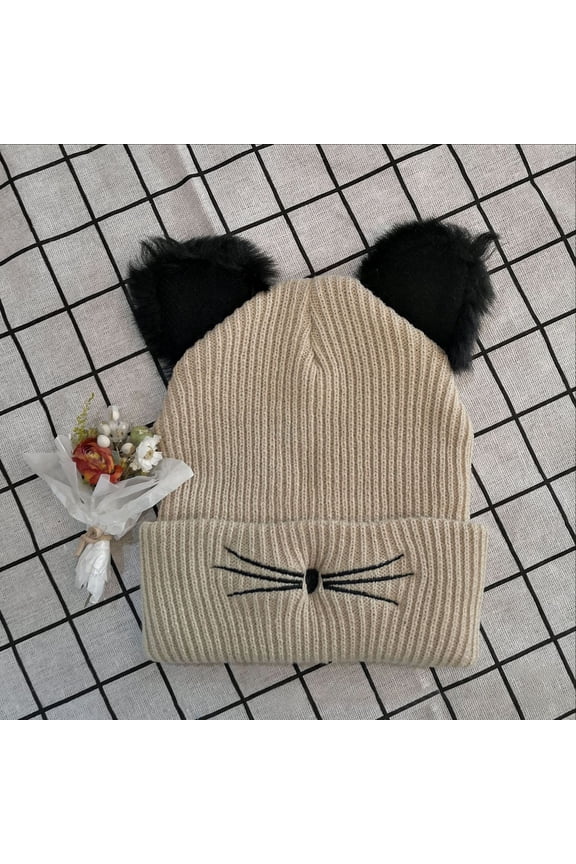 Kitty Ear Knit Hat Embroidered Cute Fall Winter Warm Pullover Earflap, Beige