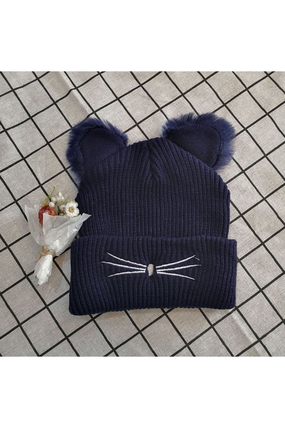 Kitty Ear Knit Hat Embroidered Cute Fall Winter Warm Pullover Earflap, Navy