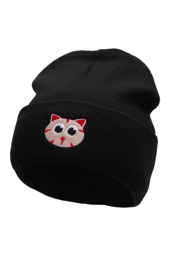 Kitty Embroidered 12 Inch Long Knitted Beanie - Black OSFM