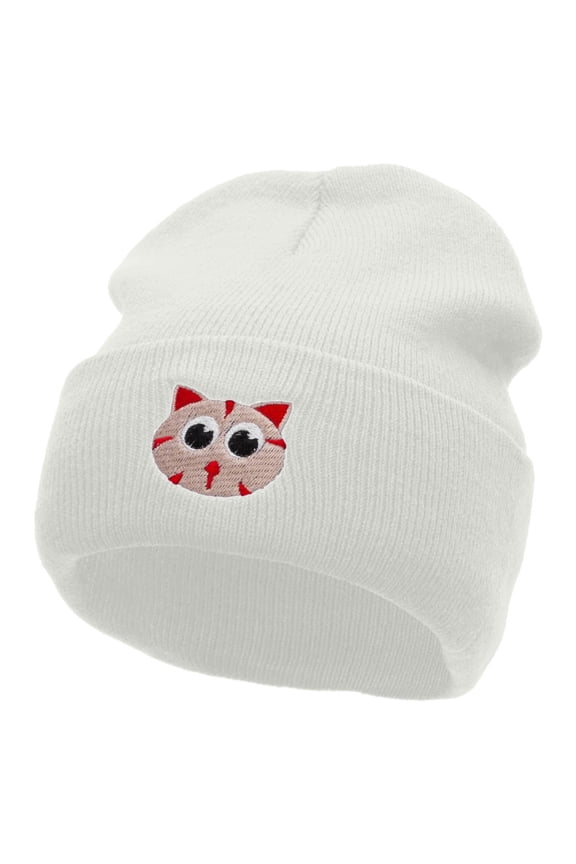 Kitty Embroidered 12 Inch Long Knitted Beanie - White OSFM