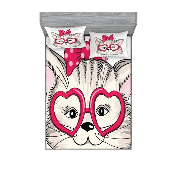Kitty Fitted Sheet & Pillow Sham Set, Hipster Cat Wearing Heart Shaped Pink Glasses and Dotted Hair Bow, Decorative Printed 6 Piece Bedding Decor Set, Calking, Magenta Beige Black, by Ambesonne